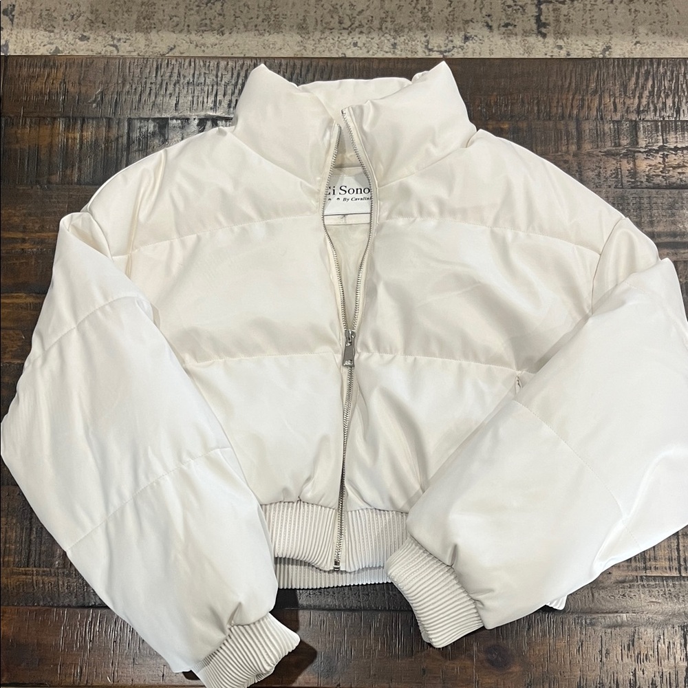 Ci Sono Women's Cream Puffer Jacket Faux Leather Cropped worn once Like New EUC